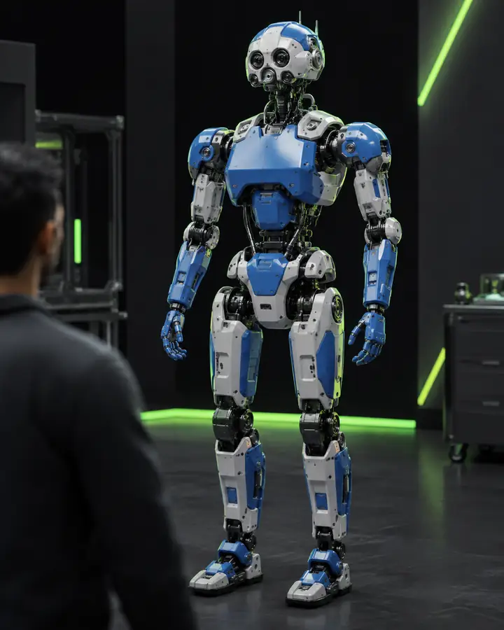 Detailliertes blau-weißes 3D-Robotermodell