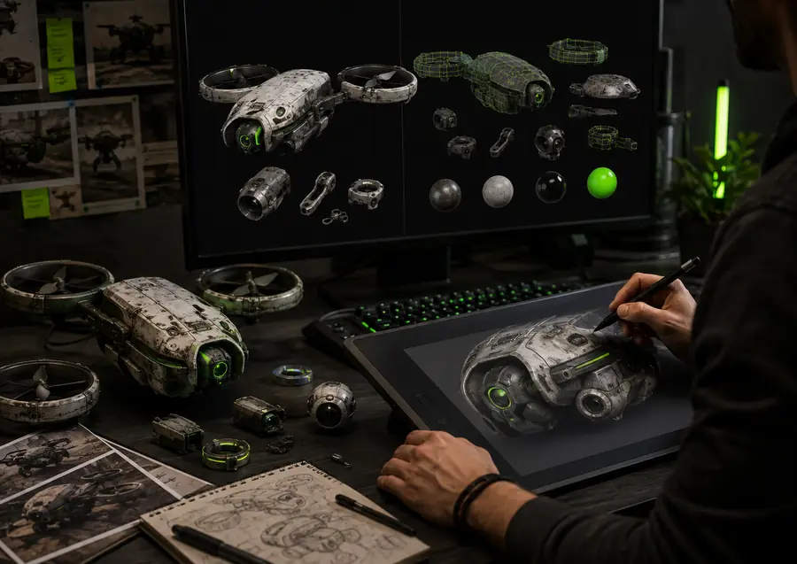 Detailed 3D asset shown with a technical grid after refinement