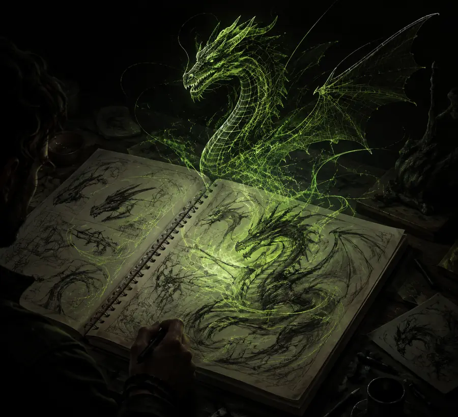 A creative workflow beginning with a written visual idea
